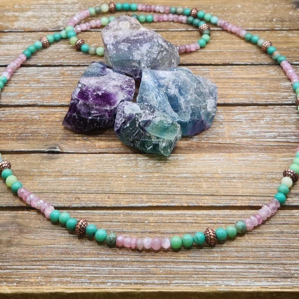 Mystic Pink Moonstone, Chrysoprase and Copper Beaded Necklace - Picture 2 of 6
